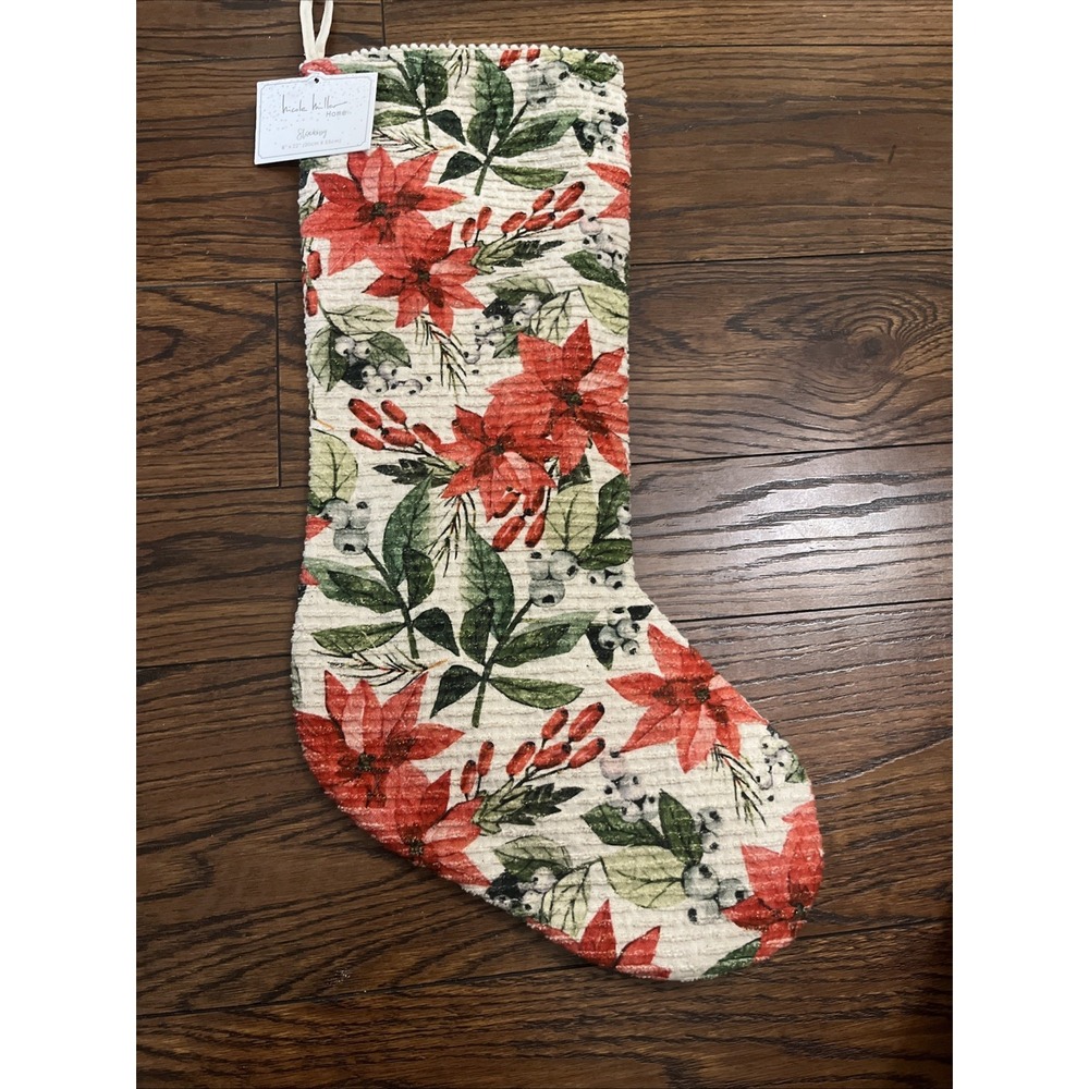 Nicole Miller 22" Metallic Christmas Holiday Stocking Poinsettias Red White Gree